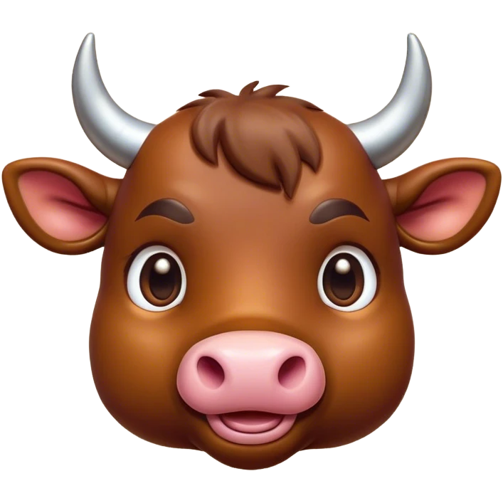 Cinematic Cute Brown Bull Portrait Emoji, Head tilted playfully and inquisitively, featuring a glossy, robust brown hide with a natural sheen, round, sparkling dark eyes filled with gentle curiosity, Simplified yet irresistibly adorable features, highly detailed, glowing with a warm, friendly glow, high shine, affectionate and imposing, stylized with a touch of rugged charm, bright and endearing, soft glowing outline, capturing the essence of a mischievous yet loving bull, so playful it feels like it could stomp out of the screen and into your arms! emoji