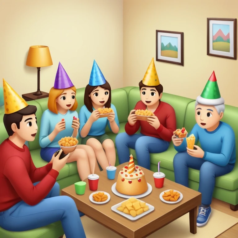 group of friends watching TV with snacks, party scene emoji