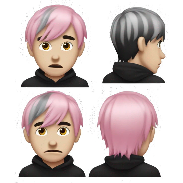 Create an emoji of an emo guy with split-dyed hair (one side pastel pink, the other side black), wearing black clothes and a subtle sad expression, inspired by the style of Lil Peep. emoji