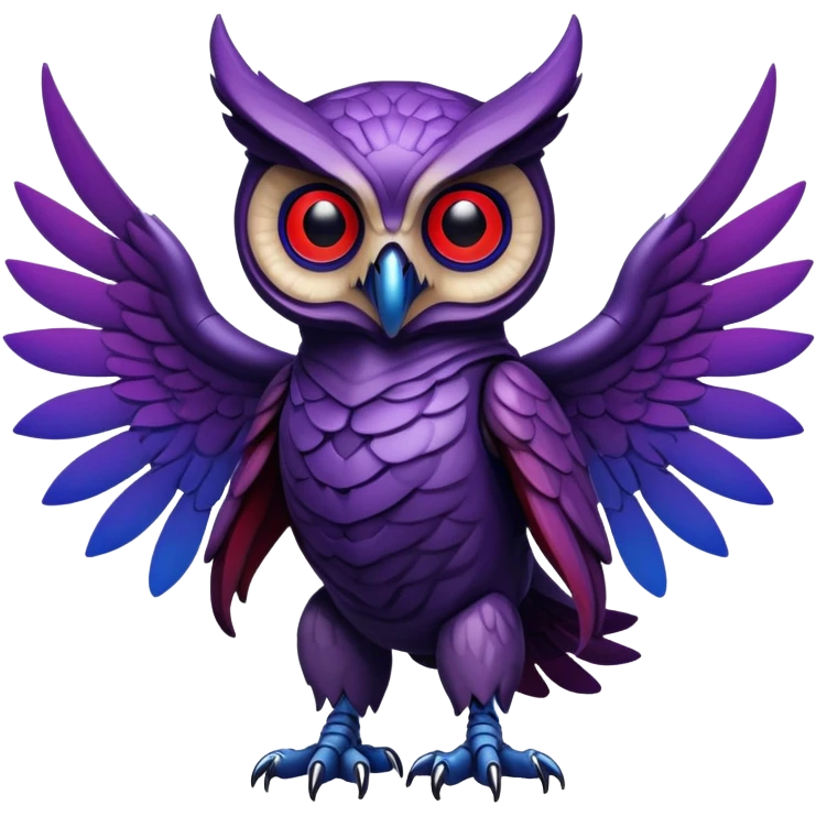 Owl xenomorph hybrid front facing full body dark purple and blue and red emoji
