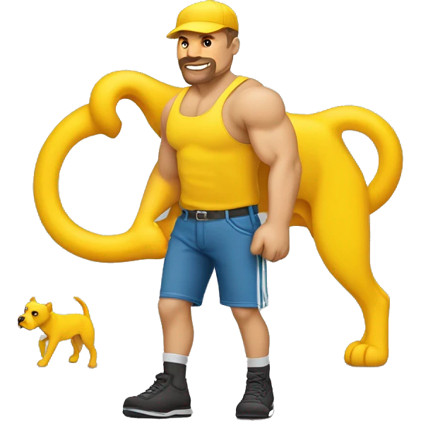 un hombre musculoso de piernas flacas , parado agarrando la correa de su perro pitbull amarillo  emoji