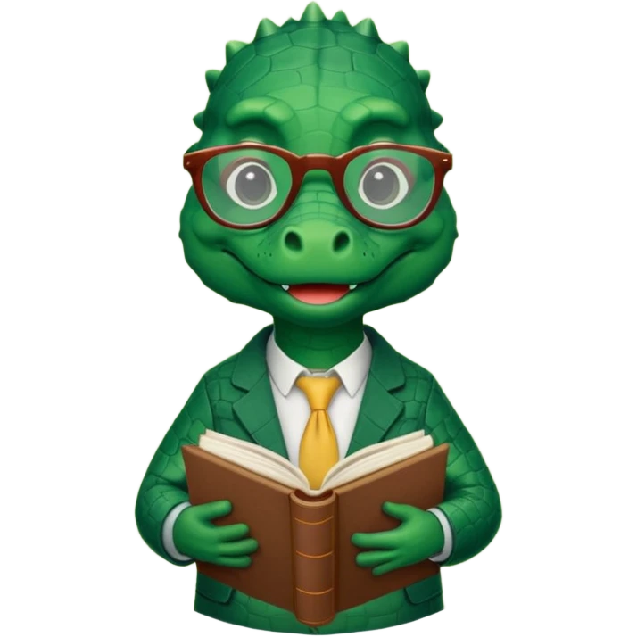A claymation-style academic alligator. The background is a solid white circle emoji