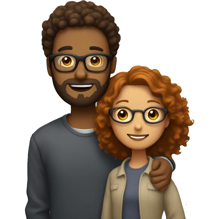  guy with ginger beard hugging dark brunette girl with frizzy short hair with glasses  emoji