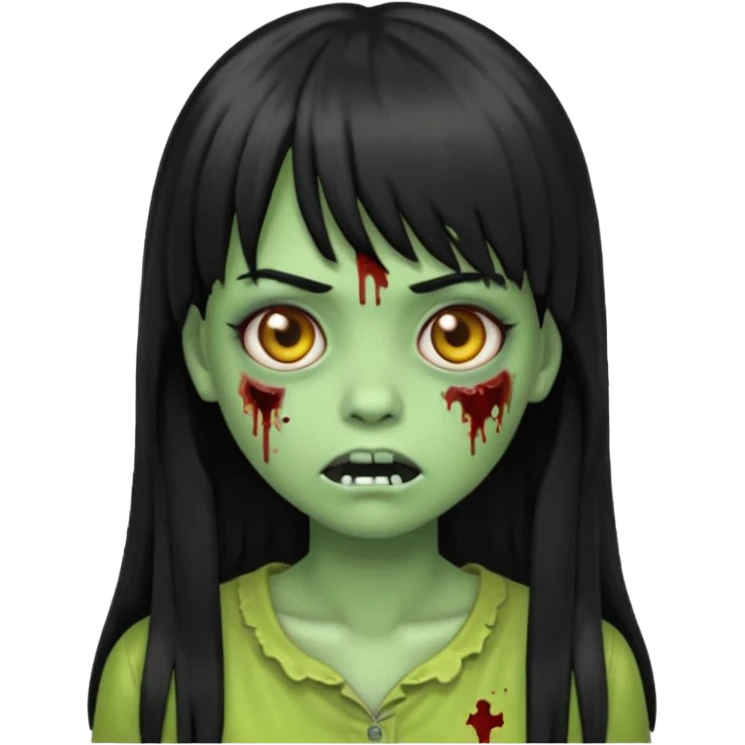 Zombie emoji girl, light green skin, black long hair with bangs emoji