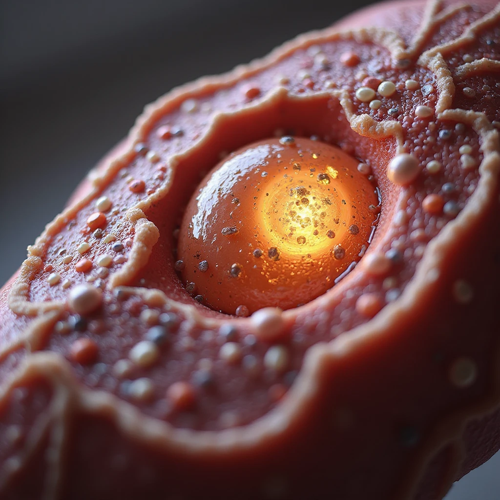 hyperrealistic 4K illustration of a human muscle cell with fatty acids transported into mitochondrion via carnitine, anatomical and molecular details emoji