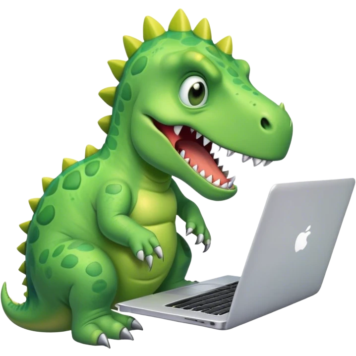 tired dinosaur with angry face working on laptop  emoji