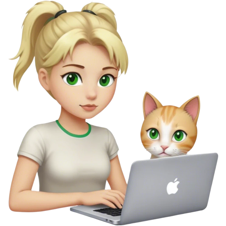 Blonde girl ponytail green eyes with apple MacBook and a cat emoji