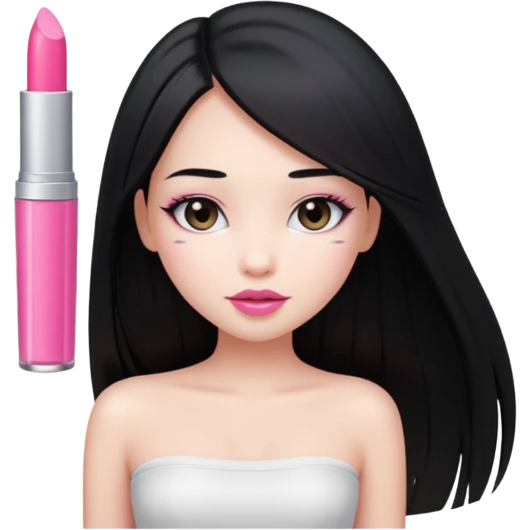 beautiful girl with long black straight hair to her waist, pink lipstick, soft glow, white tube top emoji
