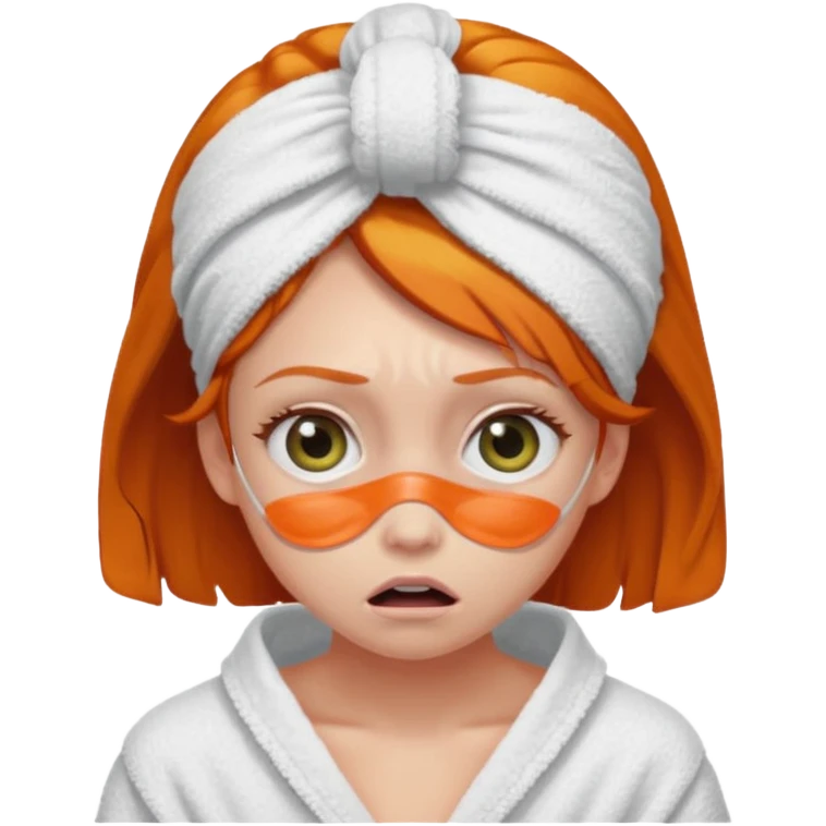 scared ginger girl with bath towels and eye patches emoji