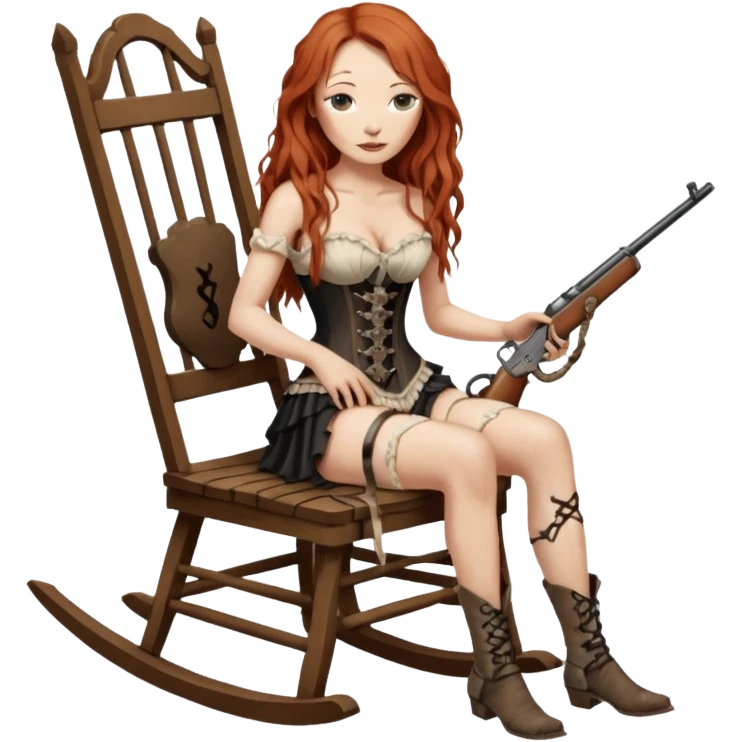 realistic cinematic Tori Amos sits on a rocking chair in a torn corset, holding an antique rifle and her bare feet are muddy. A white snake is wrapped around the chair. emoji