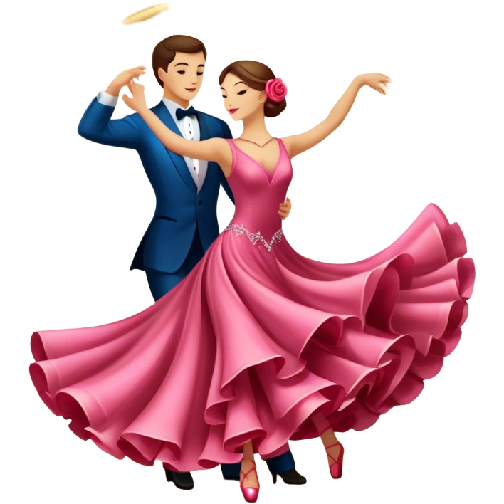 humanless Icon for Ballroom Dancing: a pair of ballroom dance shoes, a rose, a dance floor, a flowing, voluminous ballroom dress in motion, and a shining spotlight. The icon should represent the elegance and atmosphere of ballroom dancing, focusing on the attire and setting. Transparent background. emoji