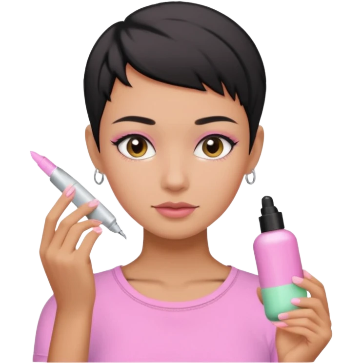 tan girl with no makeup pink shirt with black hair & a pixie, cut no earrings, doing pastel colors skin care emoji