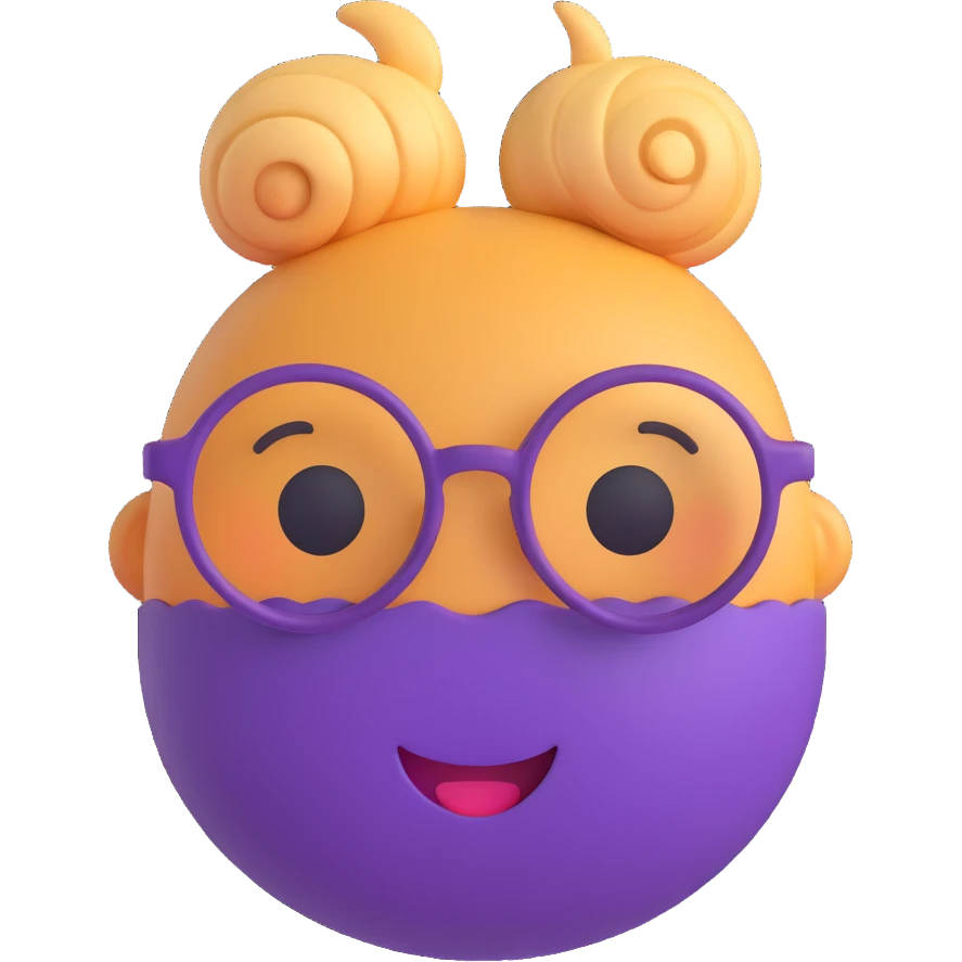 3D smiley emoji, round shape, grandmother with glasses, bun hairstyle, purple color, smiling face emoji