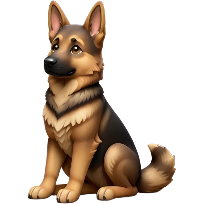 cinematic-[german shepherd]-realistic-full-body-sitting-emoji,-tail-resting-loosely-beside-its-paws,-head-tilted-dramatically,-sleek-[brown and black]-fur,-simplified-yet-realistic-focused-features,-highly-detailed,-glowing-with-an-almost-sarcastic-glow emoji
