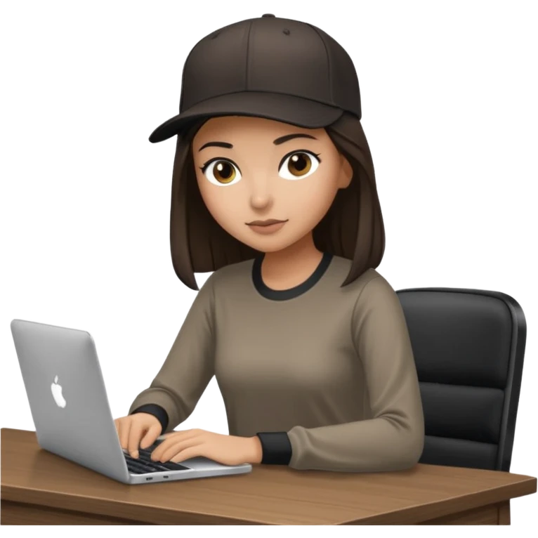 A professional 3D avatar of a young woman with olive skin and long, dark brown hair, wearing a dark, long-sleeved classy taupe shirt and a black baseball cap. She's sitting at a sleek wooden desk, typing and looking at a silver MacBook.  emoji