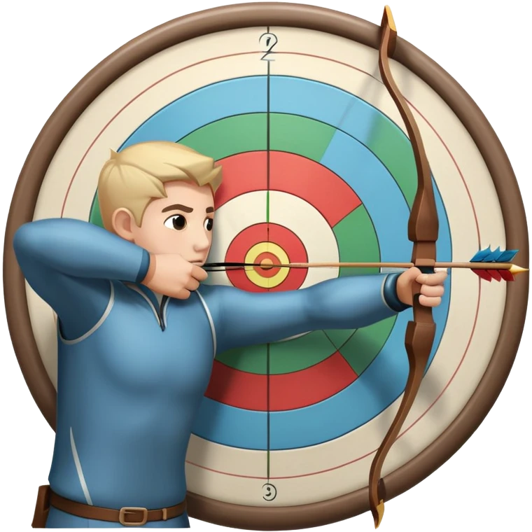 An archer drawing a bow and aiming an arrow at a target, with perfect focus and precision. The target is visible in the background, featuring concentric rings. The scene captures the concentration and skill involved in archery, emphasizing the elegance and accuracy of the sport. emoji