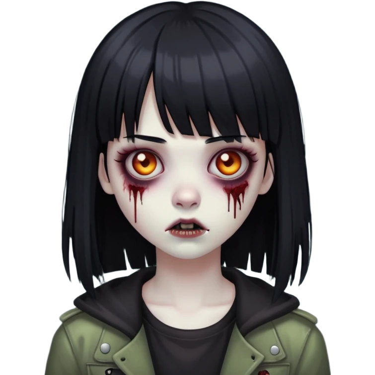 uma menina zumbi com cabelo preto e liso e uma franja. ela tem um estilo meio emo emoji