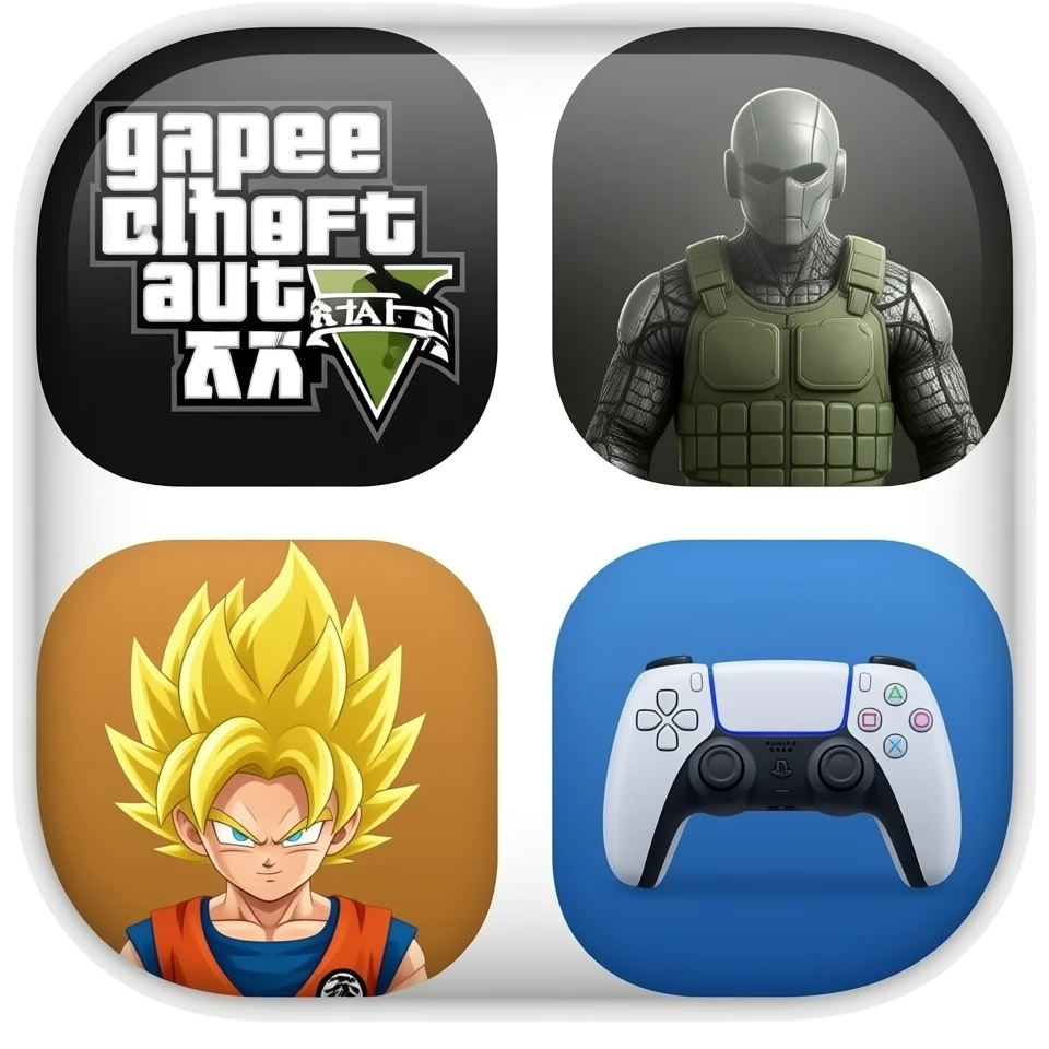 icone avec a l interieur des icone de jeu gta call off duty et dragon ball z et une mannette ps5 devant emoji