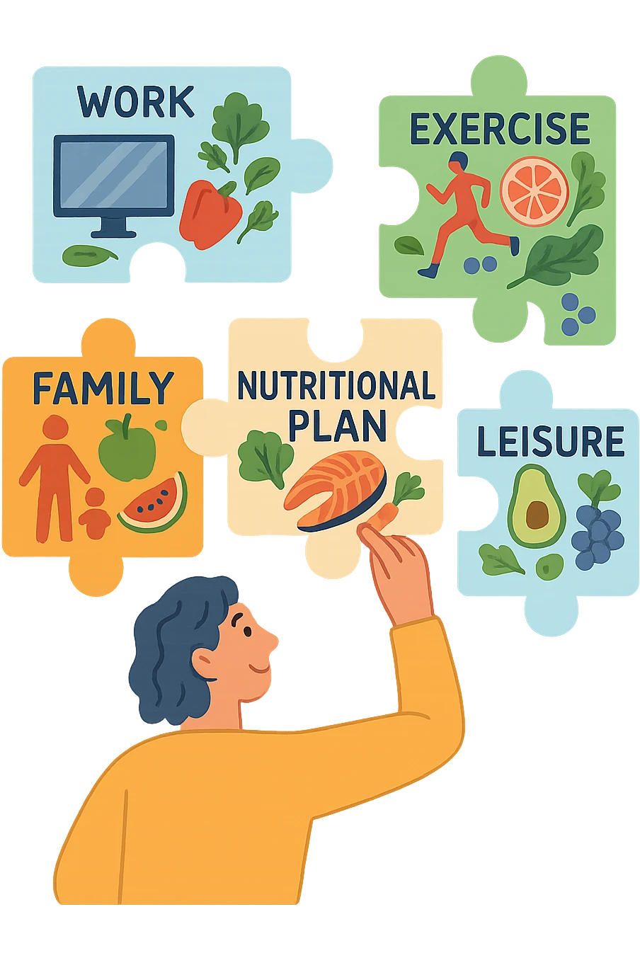 a person is surrounded by puzzle pieces, each representing a different aspect of their life (work, exercise, family, leisure), and healthy foods are integrated into each piece. The person assembles the puzzle, creating a complete, personalized nutrition plan. The mood is uplifting and creative. in italiano emoji