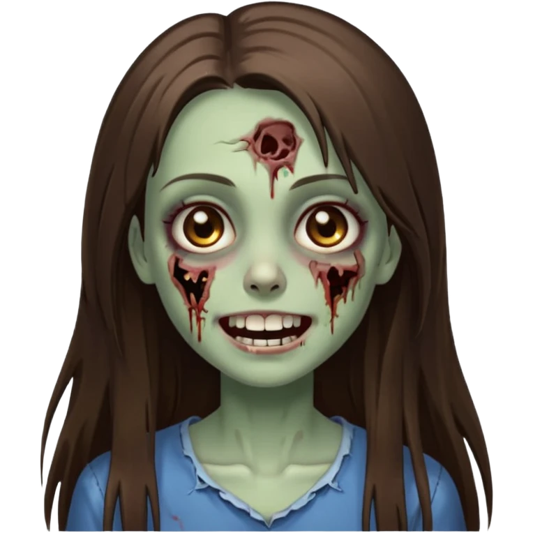 a zumbi girl with long brunette straight hair and light brown eyes, she is happy and beautiful  emoji
