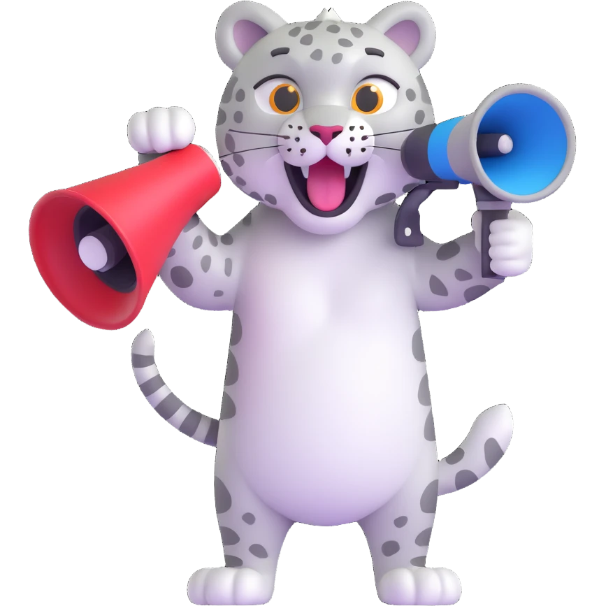 snow leopard using a megaphone, 3D emoji style emoji