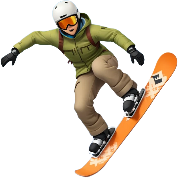 An icon showing a snowboarder performing an exciting jump on a snow-covered slope. The background features towering mountains, snow-covered trees, and a bright, clear sky. Transparent background highlights the speed, agility, and thrill of snowboarding. emoji