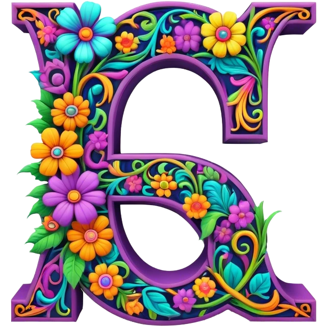 3D, gothic style psychedelic colored capital Letter Q with hippie style flower border emoji
