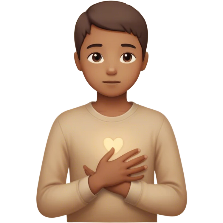 A person sitting still with their hand gently placed on their chest. A soft, warm light begins to emerge from within, symbolizing buried memories stored in the body. Around them, faint, blurred images of childhood moments float in the air, still distant slowly clearer as they focus on present emoji