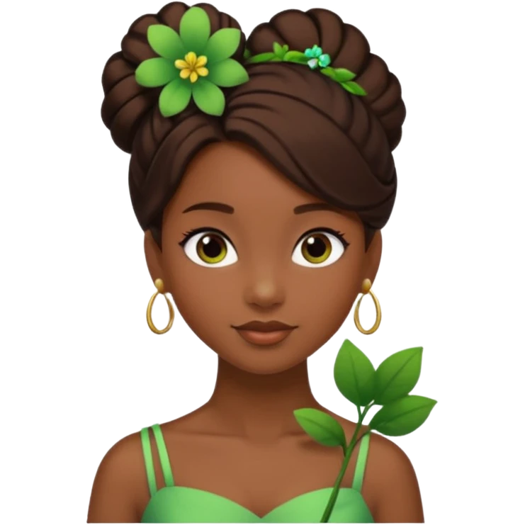 tạo cho tôi emoji tạo hình của công chúa da đen tóc nâu búi tóc 1 bên trên đỉnh đầu, cô ý cài hoa màu xanh lá cây. không đeo khuyên tai emoji