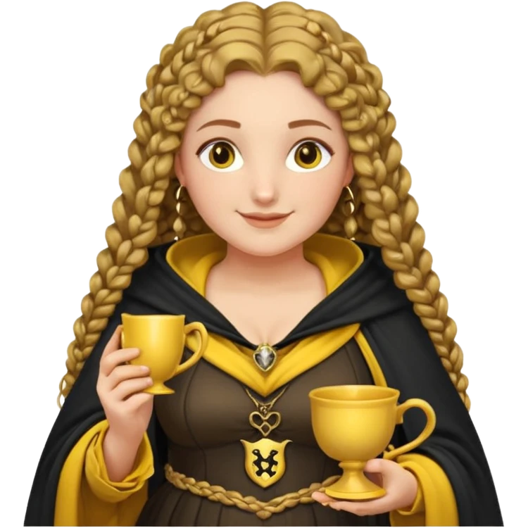 Helga Hufflepuff, 2 curly thick brown braids, yellow-black medieval dress, black cloak decorated with gold braiding, tiny two-handled shiny yellow-gold cup, very kind smile, curvy busty sweet woman, thick rosy cheeks emoji