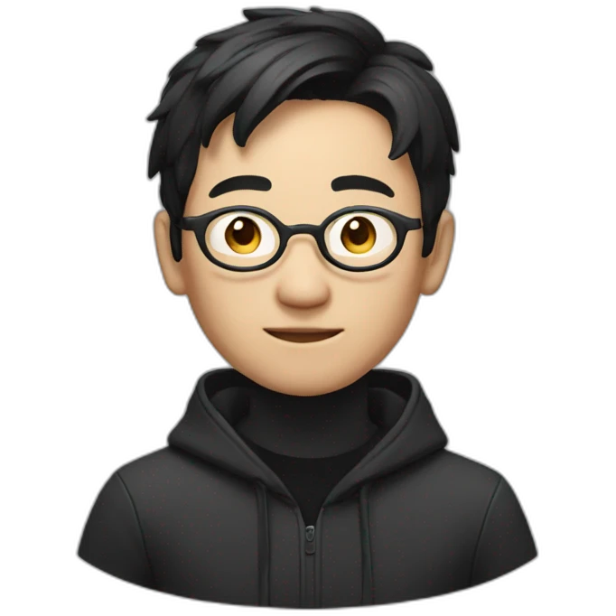 A mature Chinese boy with black hair and circle-shaped eyeglasses wearing black hoodie emoji