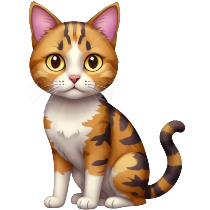 full body anxious looking colourful light calico tabby cat with hazel eyes and patchy brown tabby sections of fur emoji