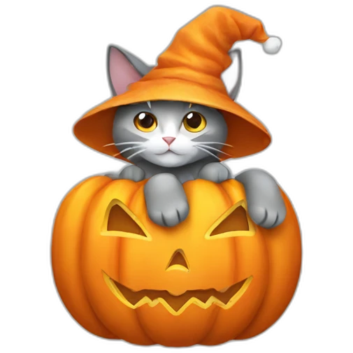 Grey cat with white spots wearing a pumpkin hat emoji