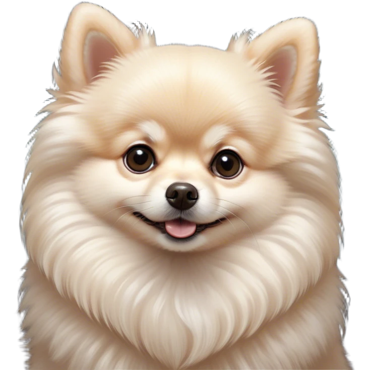 Cinematic Cute Cream Pomeranian Portrait Emoji, Head tilted playfully and inquisitively, featuring a luxurious, fluffy cream Fur with a natural sheen, round, sparkling dark eyes filled with curiosity, Simplified yet irresistibly adorable features, highly detailed, glowing with a warm, friendly glow, high shine, affectionate and lively, stylized with a touch of whimsy, bright and endearing, soft glowing outline, capturing the essence of a mischievous yet loving pup, so playful it feels like it could scamper out of the screen and into your arms! emoji