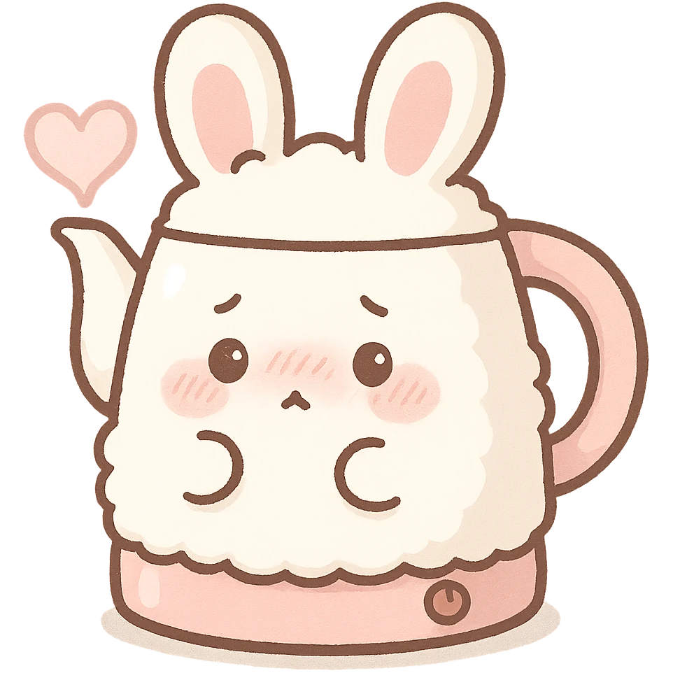 kawaii electric kettle shaped like a shy soft fluffy bunny, with steam heart, pastel white and pink, full-body emoji