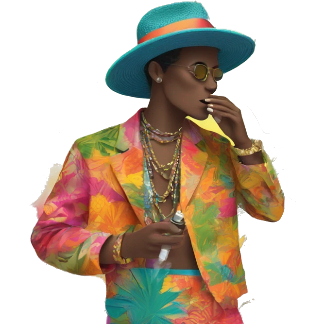 Person vaping wearing a colourful vibrant tropical patchwork of intricate vintage patterns, vape emoji