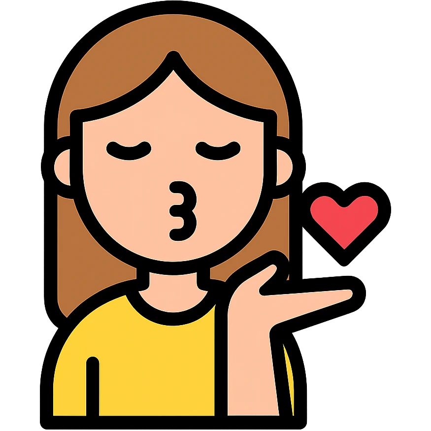 icon of a light-skinned girl with straight, light brown hair blowing a kiss towards the screen, minimal and clear design, simple modern style, clean lines emoji