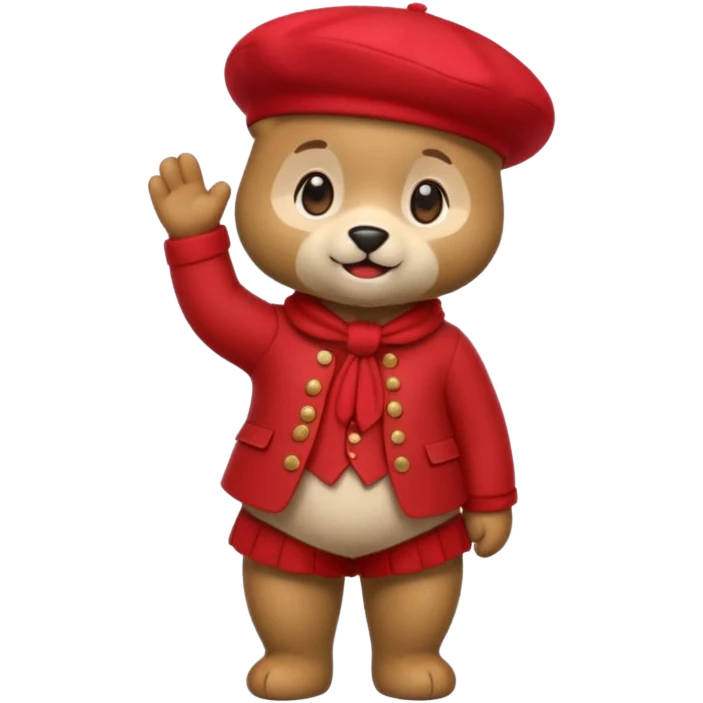 A cute emoji bear, full-length, side view, wearing a stylish red beret. emoji