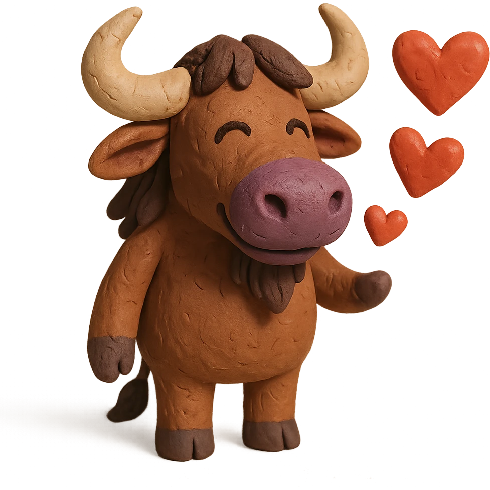 claymation style gnu with hearts, expressing love emoji