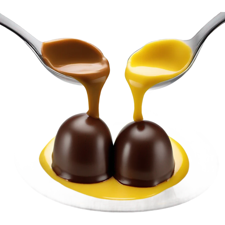 1 Chocolate quenelle and 1 vanilla quenelle on a fine dining glass plate with 3 small drops of yellow sauce as decoration emoji