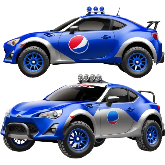 Dirty raced jacked 2013 scion fr-s ultramarine off road 4wd monster Baja dessert stadium racer number 86 with long travel suspension, shiny silver wheels, exaggerated black fender flares sponsored by Pepsi and NASA  emoji