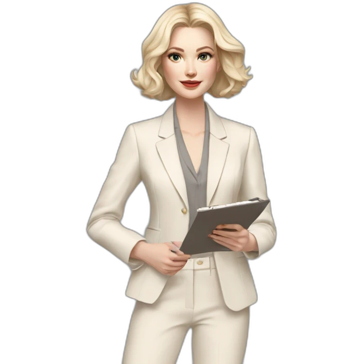 pale skin woman with ash blonde Straightened bob Hair, White Spacious classical jacket, beige palazzo Arrow pants and gray blouse holding a color palette in the hands emoji