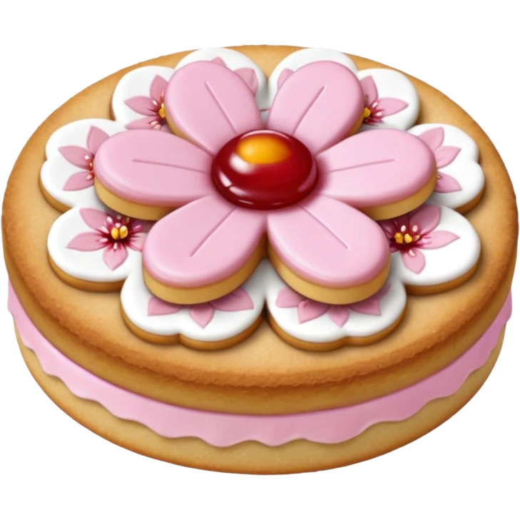 Realistic shortbread cookie in the shape of a cherry blossom with pale pink color jelly middle filling and sprinkled powder sugar on top. emoji