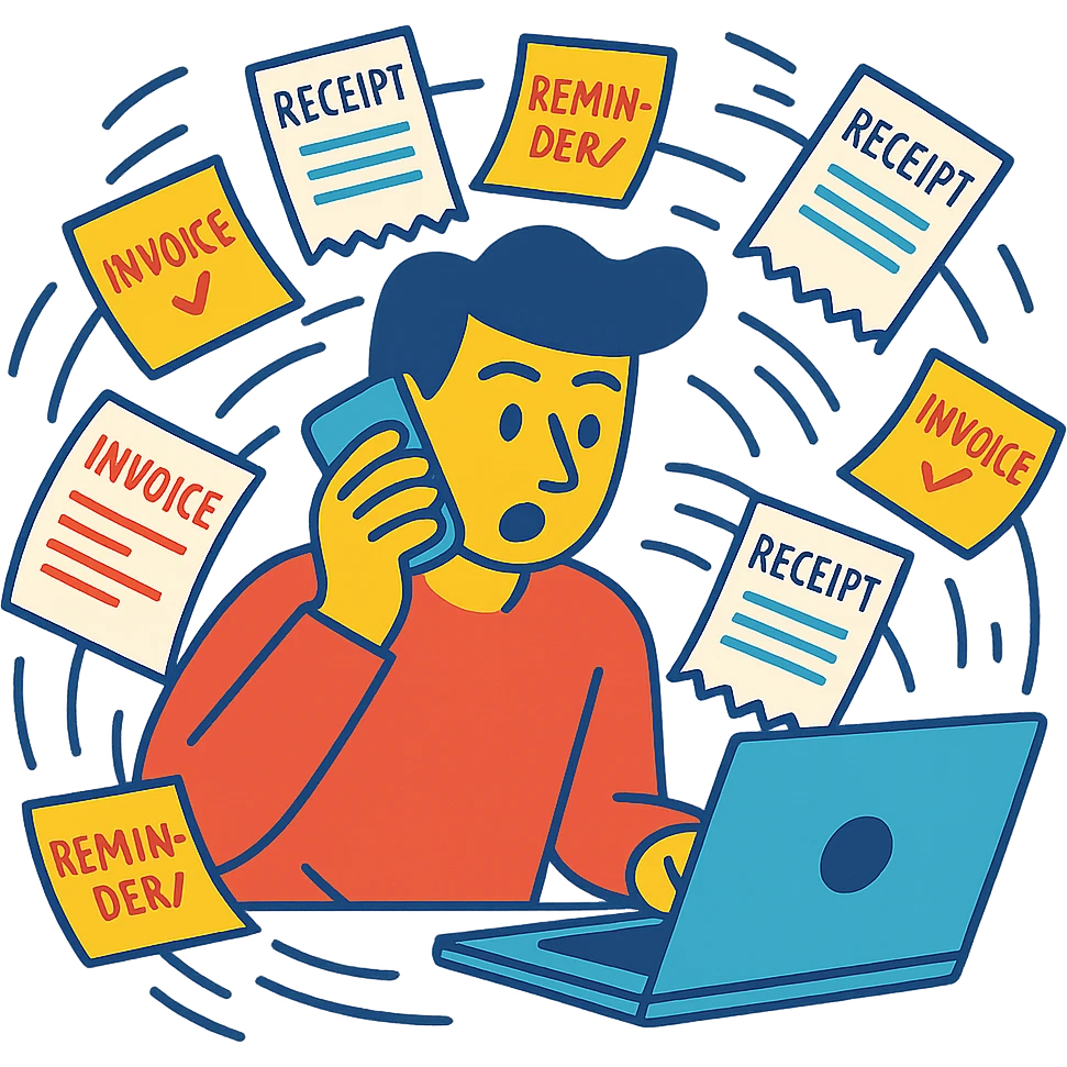 person holding a phone in one hand, laptop open in front, storm of receipts, invoices, and reminders swirling around, multitasking chaos emoji