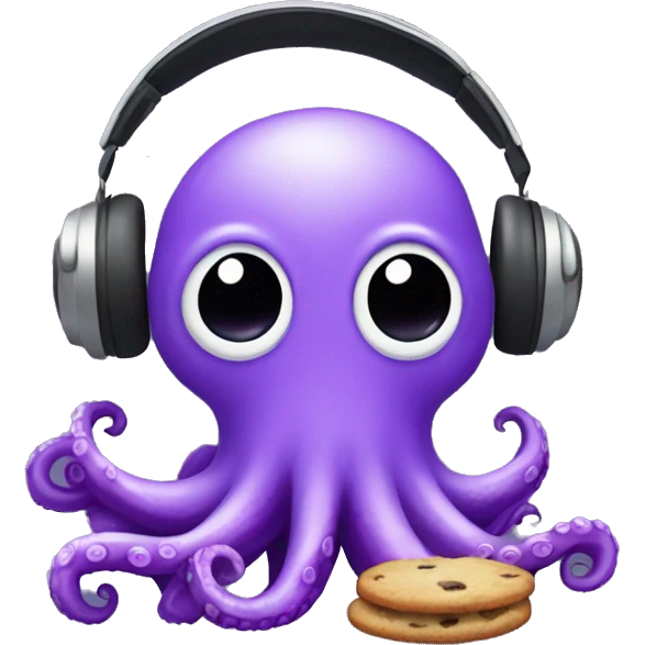 Viola purple colored Octopus with headphones enjoying music and holding a half eaten cookie emoji