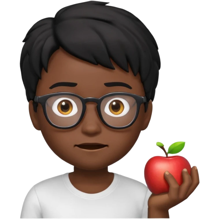 3D cartoon emoji portrait of a young character with black skin, messy black hair, big expressive brown eyes, wearing glasses and a white t-shirt, realistic shading, Pixar-style lighting, smooth texture, cute and slightly funny expression, high-quality render, white background, Apple Memoji style emoji