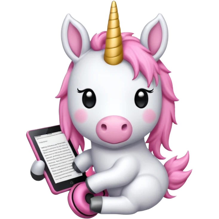 Unicorno peluche bianco con corno rosa brillantato con sulla testa un paio di cuffie e un Amazon Kindle in mano emoji