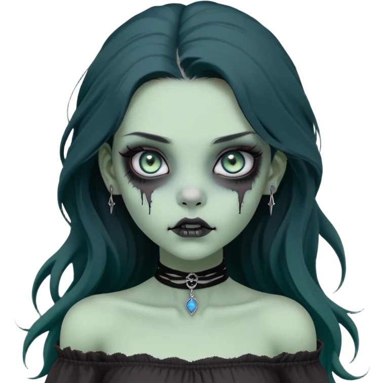 a soft, doll-like zombie girl with light sage green skin and big blue-green eyes, long black hair that swoops gently at the ends, a tiny silver nose stud and a delicate eyebrow piercing on the left side. she’s wearing an off-the-shoulder black top that shows her collarbones, emoji