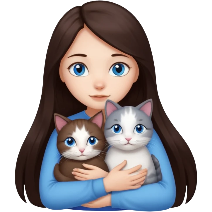 a girl with long dark 
brown hair, with blue eyes, hugs 3 different natural coloured cats emoji
