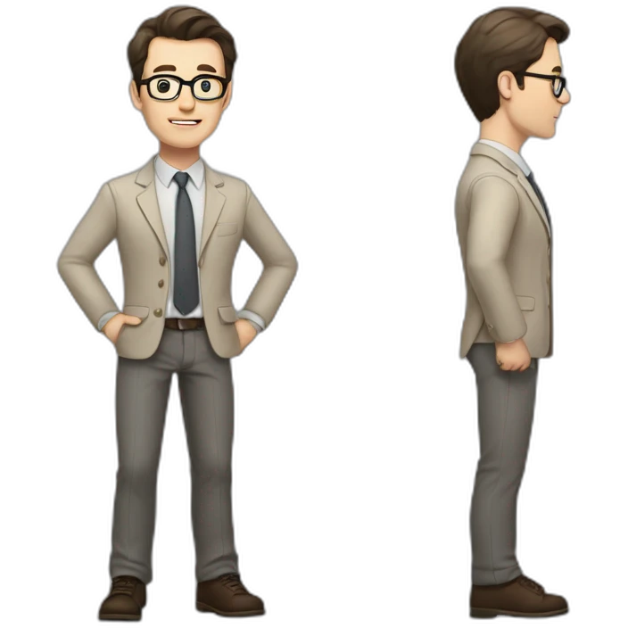 Full height Actively Gesturing Pale skinned fit man with dark brown hair in gray jacket, beige office shirt, brown tie, brown pants and vintage glasses. emoji